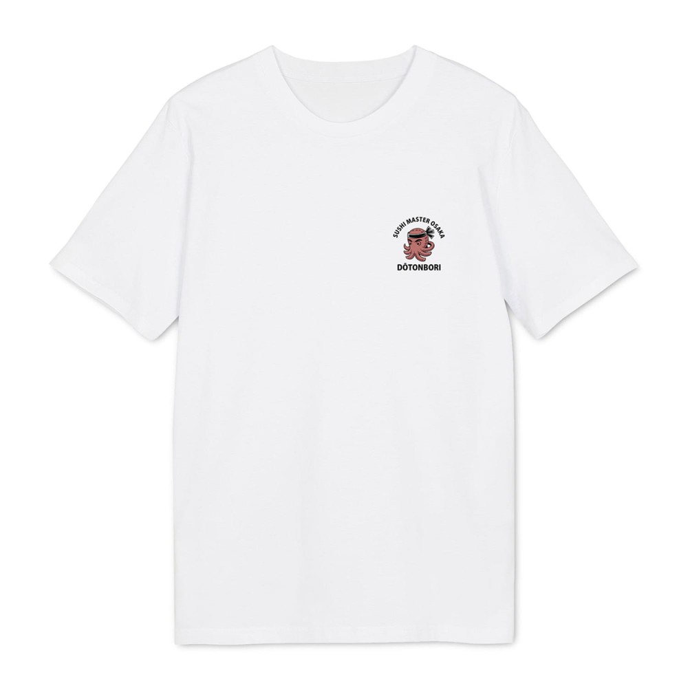 Biały T-shirt z logo ośmiornicy i napisem „Sushi Master Osaka – Dōtonbori” na lewej piersi