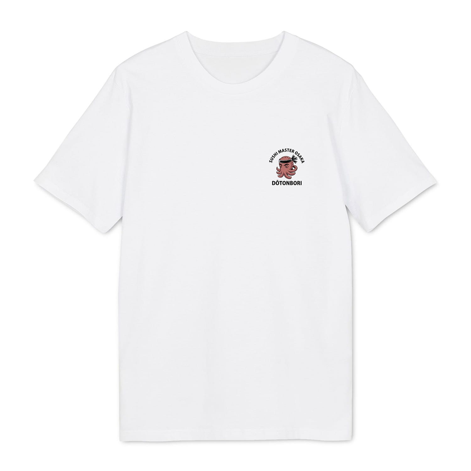 Biały T-shirt z logo ośmiornicy i napisem „Sushi Master Osaka – Dōtonbori” na lewej piersi