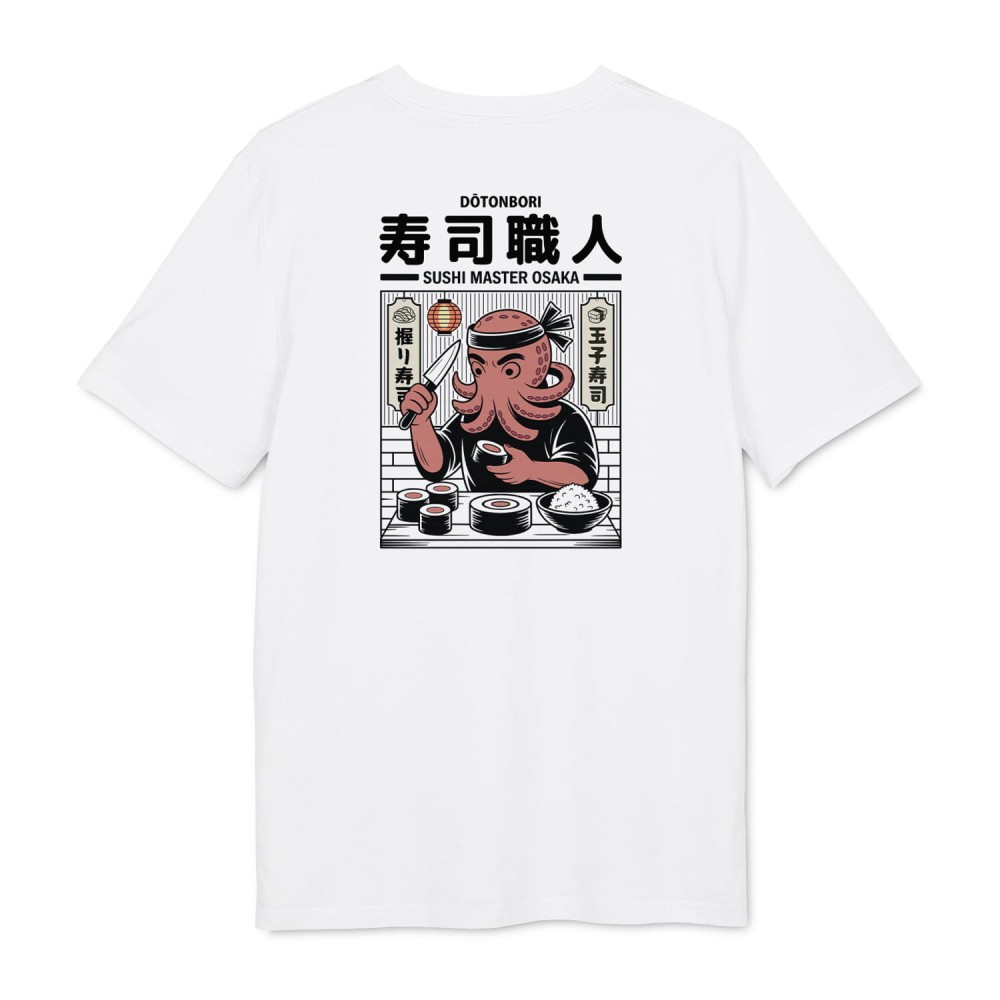 Biały T-shirt z dużym nadrukiem ośmiornicy jako sushi mastera, styl japoński, napis „Sushi Master Osaka – Dōtonbori”
